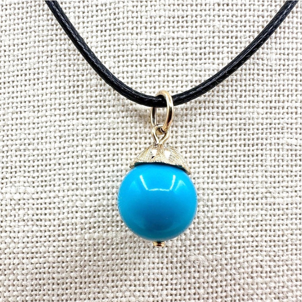 Vintage Y2K Gold Tone Blue Ball Pendant Necklace Black Cord Boho Fashion Jewelry